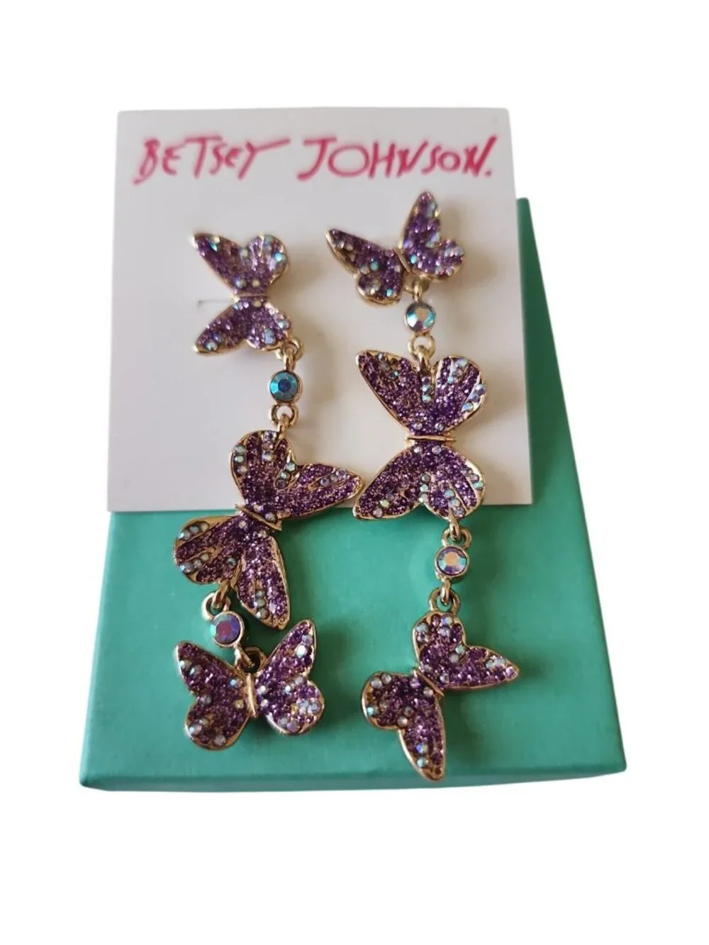 NEW Betsey Johnson Butterfly Mismatched Dangle Earrings Purple Lavender Crystals